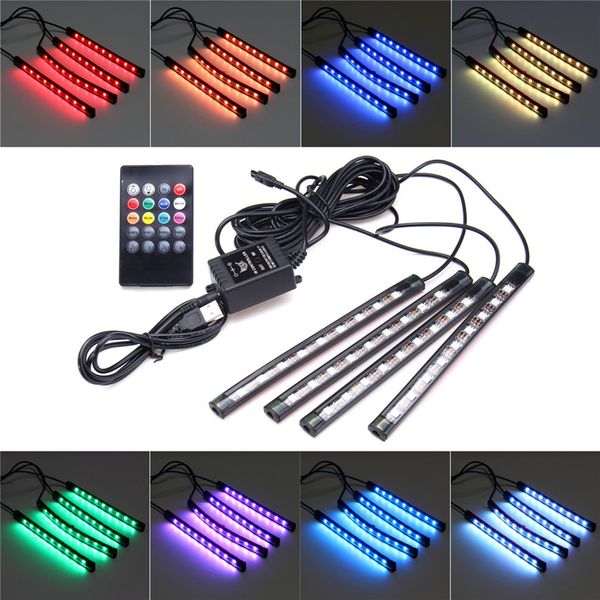 

ebmsalv 4pcs car led light bar, 9led / pcs usb socket multicolor car interior lights neon with wireless remote control