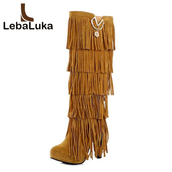 

lebaluka size 32-43 flock winter fur women boots high heels knee boots fringe tassels fashion black brown red yellow beige punk