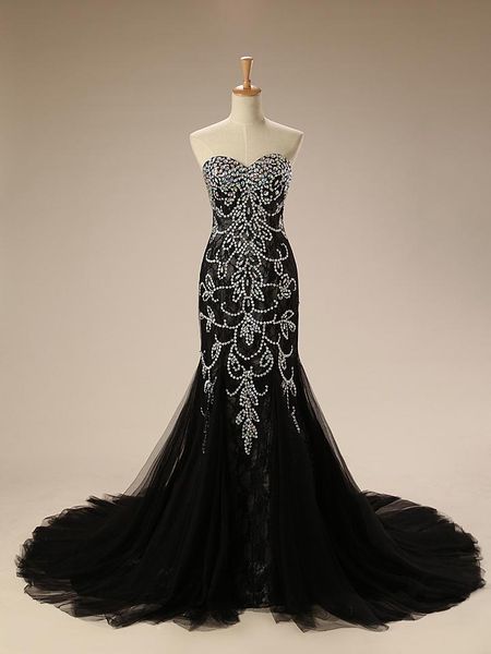 

luxury gorgeous black mermaid evening dresses wear sweetheart sweep train sparkling crystal beading lace formal prom dresses, Black;red