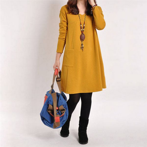 

2019 women winter long sleeve pocket dress solid o neck casual loose party dresses fashion vestidos, Black;gray