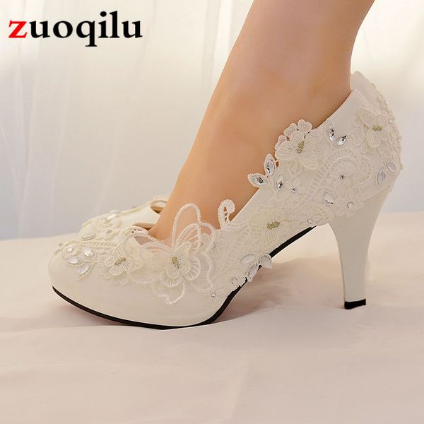 

2019 high heels wedding shoes bride rhinestone lace bow white ladies shoes woman platform high heels women big size, Black