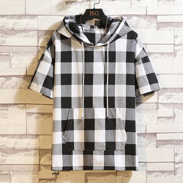 

men's casual shirts 2021 cotton plaid shirt slim fit male short sleeve soft comfortable breathable hooded, White;black