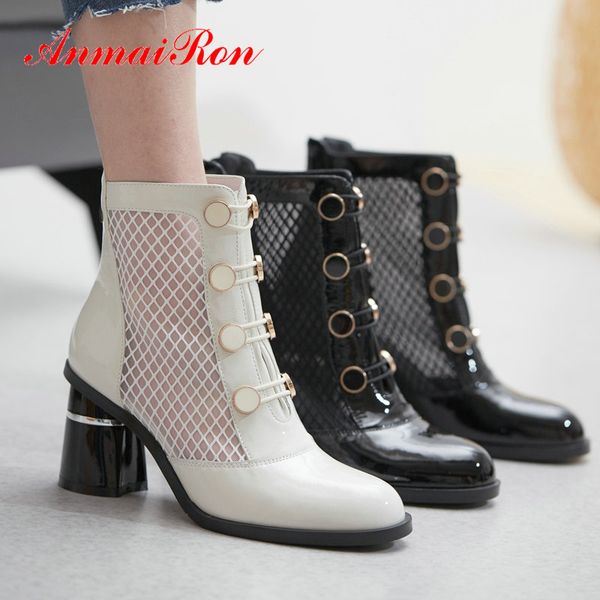 

anmairon 2020 round toe women shoes square heel patent leather women boots spring/autumn basic mesh (air mesh) ankle boots 34-42, Black