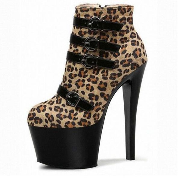 

17cm ultra high heel stiletto leopard booties belt buckle suede low boots, Black