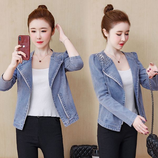 

2020 spring and autumn new korean elastic denim slim short coat long sleeve beaded jacket female zipper jeans suit jacket k355, White;black