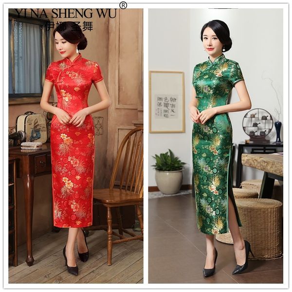 

tang suit chrysanthemum long cheongsam chinese bride wedding dress dinner dress lady elegant satin soft slim cheongsam, Red