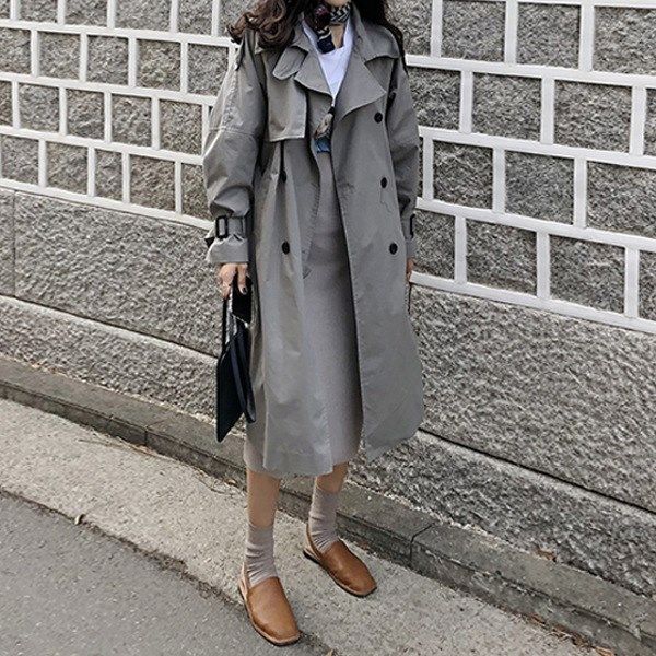 

autumn fashion casia; double breasted trench coat loose elegant trench windbreaker outwear long section streetwear, Tan;black