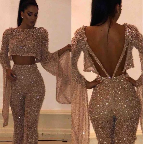 

2019 Fake Two Pieces Long Sleeves Sequins Prom Dresses Sparkling Tops and Pants Long Vestidos de Festa Party Evening Gowns, Black