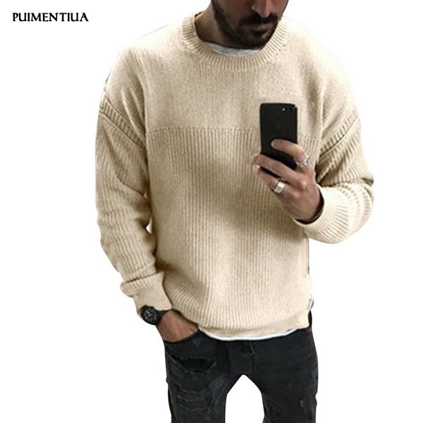 

puimentiua 2019 mens autumn and winter slim long sleeved round neck pullover sweater male solid loose sweater casual, White;black