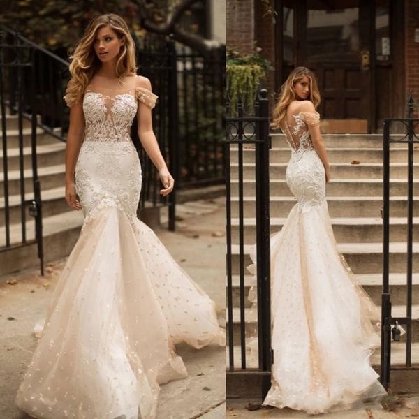 

milla nova 2019 wedding dresses champagne off shoulder vestido de noiva lace beaded bridal gowns dubai arabic mermaid wedding dress, White