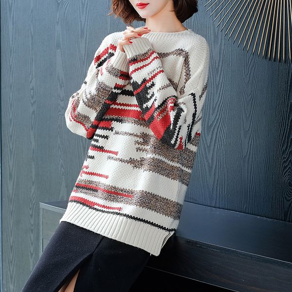 

2019 new style fashion clip color colored thread sweater autumn and winter mid-length loose-fit sweater women's large size, White;black