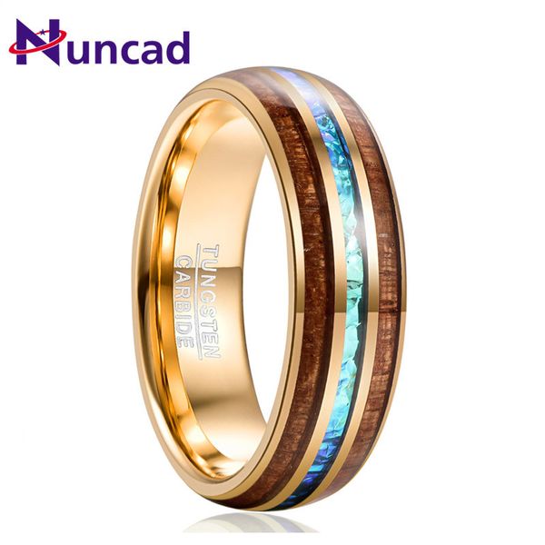 

nuncad hawaiian koa wood ring 6mm engagement men gift electroplated gold inlaid acacia imitation opal dome tungsten carbide ring, Slivery;golden
