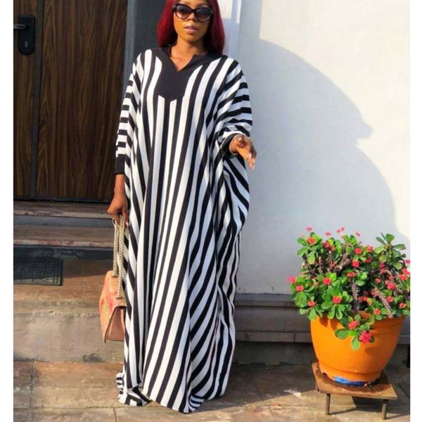 

casual dresses [ewq] 2021 spring summer arrivals v-neck batwing three quarter sleeve striped print pattern women fashion dress aw705, Black;gray
