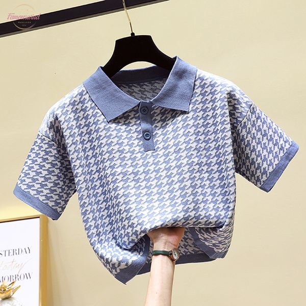 

houndstooth cap sleeve plaid knitted t shirts women button crop shirts korean tee harajuku summer tshirt short sleeve pullovers, White