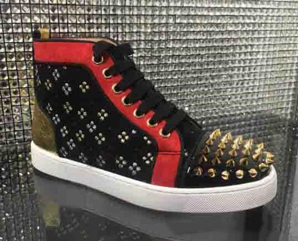 

wholesale wedding designers brand red sole sneaker suede/leather gold strass louflat high sneaker winter fashion shoes men women, Black