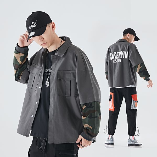 

men's safari style coat camouflage patchwork male coat back printing black gray m-4xl men's clothing, Black;brown