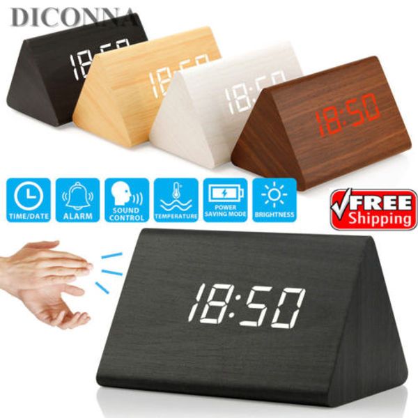 

electronic digital wood led alarm clock sounds control temperature desk decor