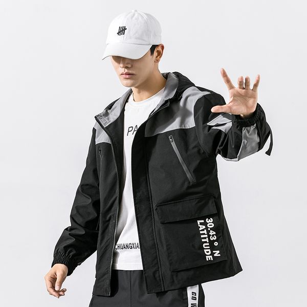 

streetwear casual men jacket coat hooded windbreaker mens bomber jacket 2020 spring ribbons pockets male outwear, Black;brown