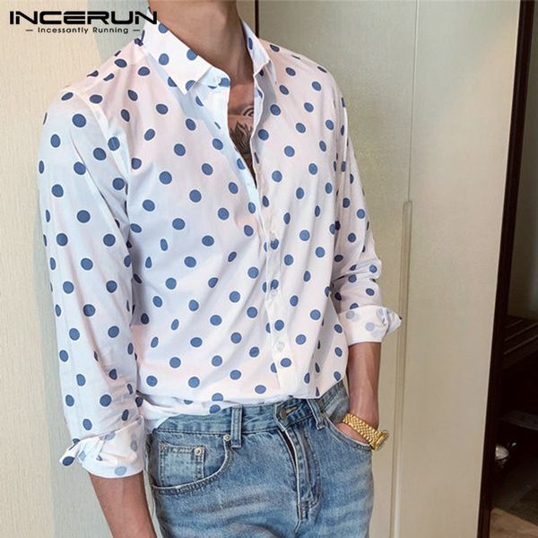 

incerun 2019 casual brand shirt men polka dot cotton street long sleeve fashion lapel button chic business shirts men camisa 5xl, White;black