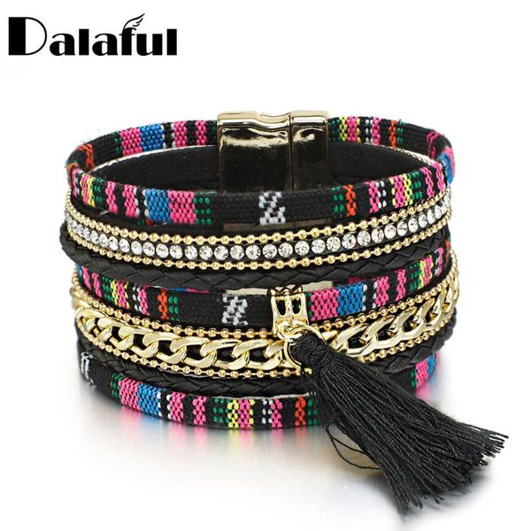 

boho multilayer leather bracelets & bangles for women magnet clasp tassel chain charm cuff wristband crystal bracelet s412, Golden;silver