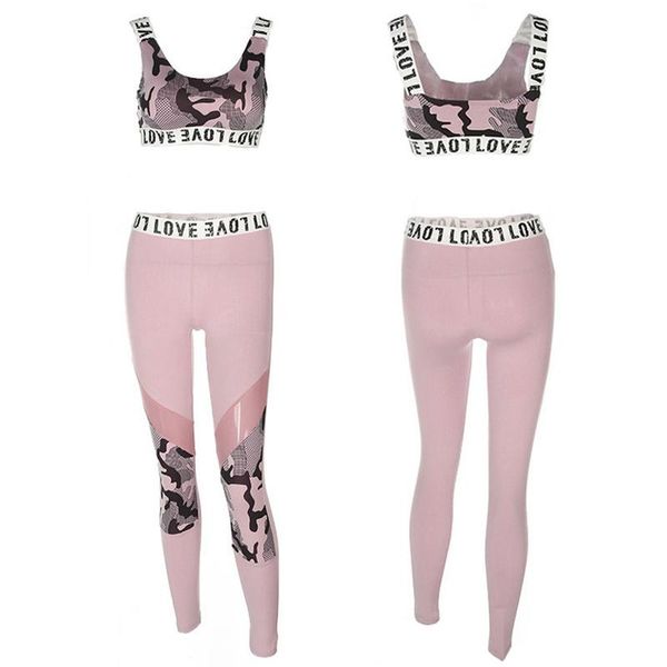 

2pcs women's camouflage print sport wear vest tank long trousers outfit set hollow grenadine vest running / training / yoga, White;red