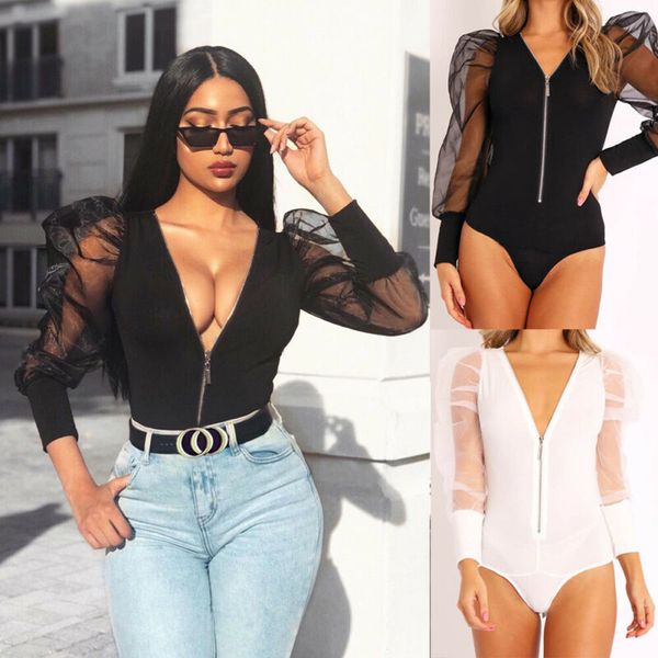 

womens bodysuit mesh sheer see though long sleeve bodycon zipper jumpsuit puff sleeve bodysuit leotard romper playsuit hot, Black;white