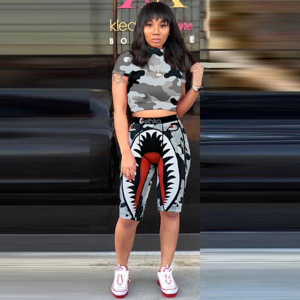 

ethika women designer swimsuit crop vest + swim shorts women 2 piece set tracksuit patchwork shark camo swimwear bikini costumi da bagno, White;black