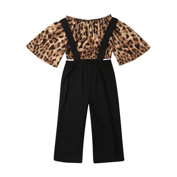 

1-5y kids baby girl flare sleeve leopard suspender pant trouser 2pcs outfits fashion child autumn clothes set, White