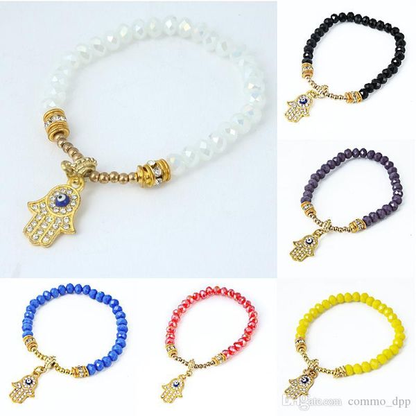 

new fashion 6mm glass bead chain bracelets female crystal hand of fatima charm bracelets for women buddha's-hand bangle diy jewelry, Golden;silver