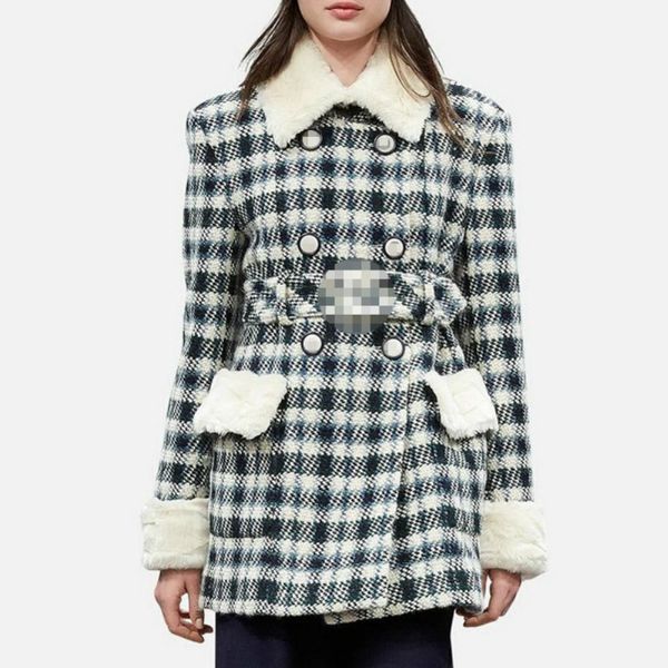 

women woolen coat plaid woolen metal belt detachable plush lapel coat, Black