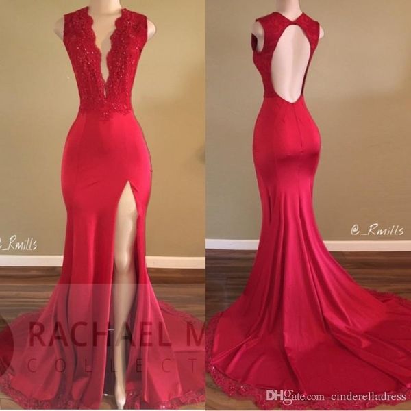 

elegant red plunging v neck mermaid prom dresses 2020 lace appliqued sequins high split evening gowns open back long, Black