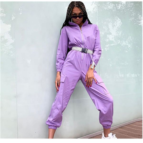 

women's jumpsuit spring autumn new zipper half stand collar loose jumpsuits ladies casual jogger overalls purple playsuits, Black;white