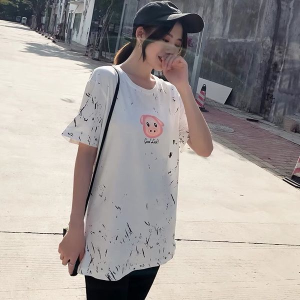 

Cute Pig Designer Tshirts Summer Women Clothes White Back Calendar Design Tees Short Sleeved Long Tops