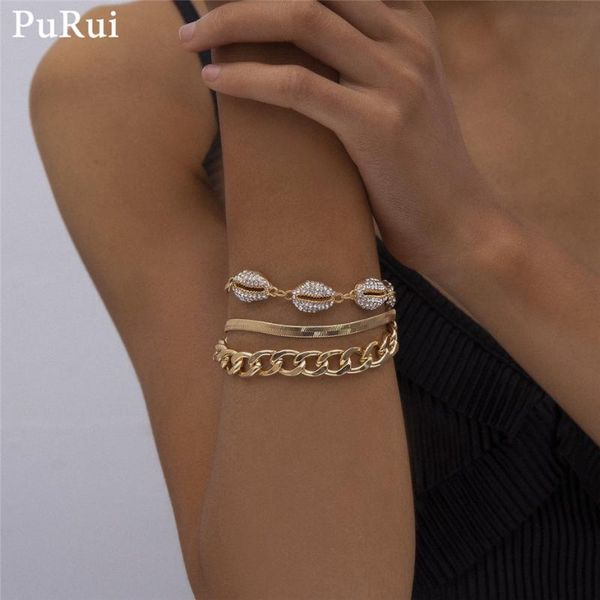 

link, chain purui rhinestones shiny shell bracelets for women 3pcs/set punk miami gold color cuban link bangles fashion jewelry gift, Black