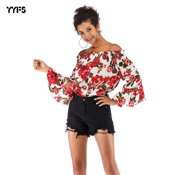

womens designer foreign style off-the-shoulder printed horn long sleeve floral chiffon shirt female summer, White