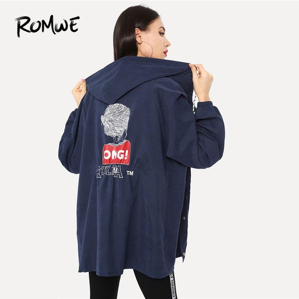 Blue Cartoon Print Hooded Outerwear Womens Jackets And Coats