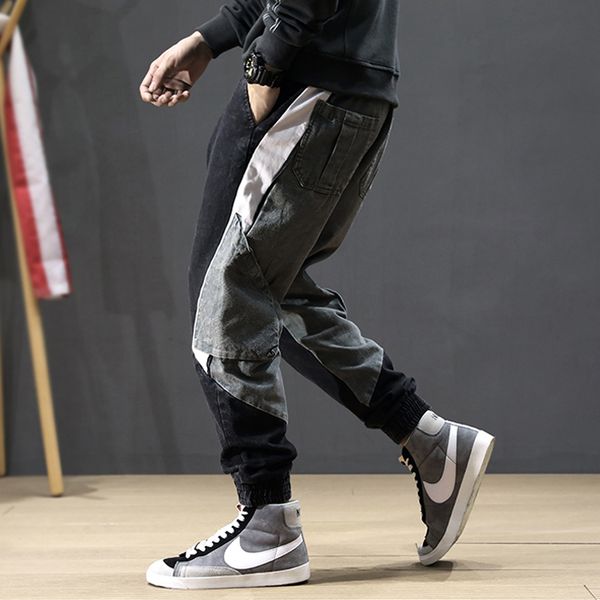 

fashion streetwear men jeans loose fit spliced designer cargo pants elastic waist harem jeans korean hip hop men joggers, Blue
