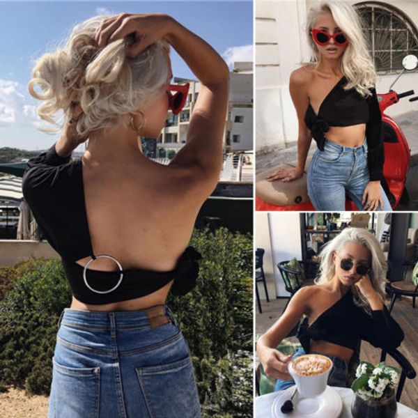 

женщины дамы уникальный одно плечо с длинным рукавом ремешками топ спинки блузка сплошной черный сексуальный растениеводство топы, White