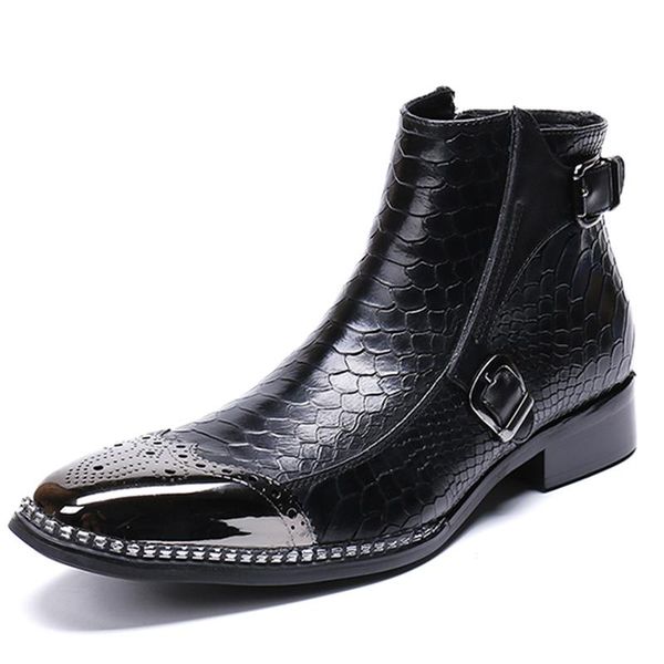 

men's fashion martin boots cowboy knight western motorcycle full grain leather stage british booties ankle snakeskin performance shoes, Black