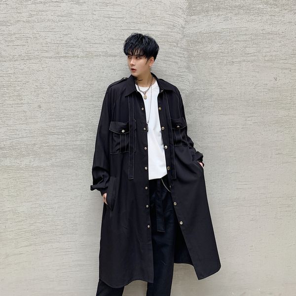 

men tie bow collar back hole loose casual long shirt style coat male streetwear hip hop windbreaker dress shirt jacket outerwear, White;black