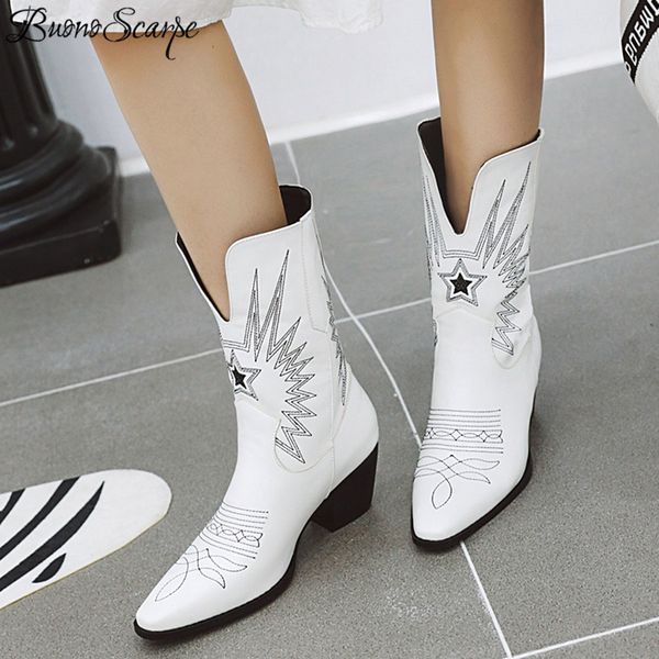 

big size female western boots synthetic leather women mid-calf boots high heels night club shoes woman mujer 2020, Black