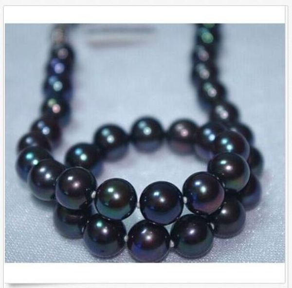 

stunning 10-11mm round tahitian black green pearl necklace18inch 925s, Silver