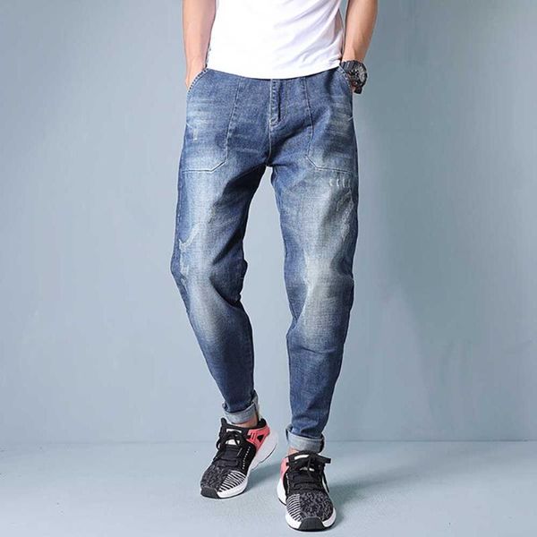 

men's jeans trendy harem men retro denim pants loose baggy trousers hip hop joggers man clothing, Blue