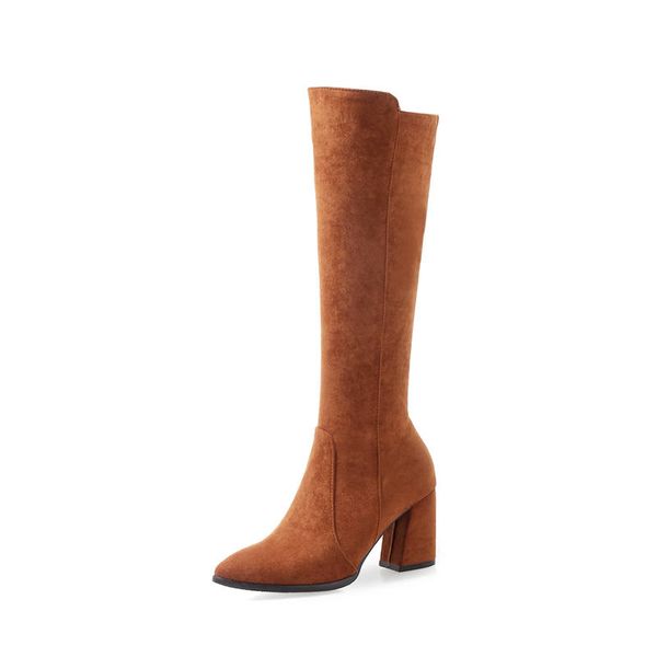 

2020 wholesale knee high boots women pointed toe zip autumn winter booties high heels dress shoes woman, Black