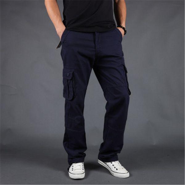 

straight cargo pants men europ size 29-42 multi pockets loose overalls male casual cotton zipper dungarees trousers rm50320, Black