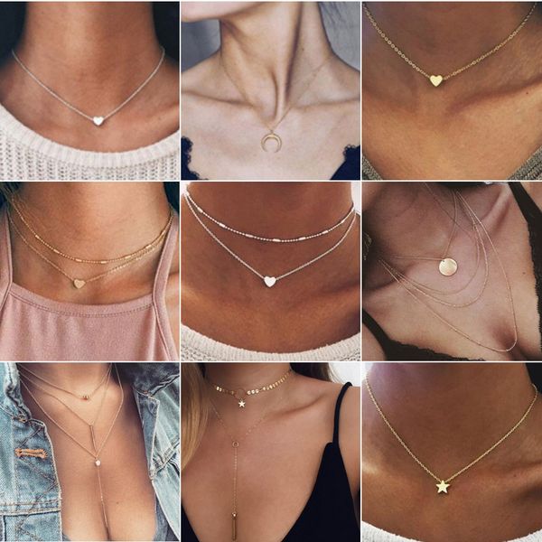 

new heart necklace for women short chain heart star fashion pendant necklace gift ethnic bohemian choker drop shipping, Silver