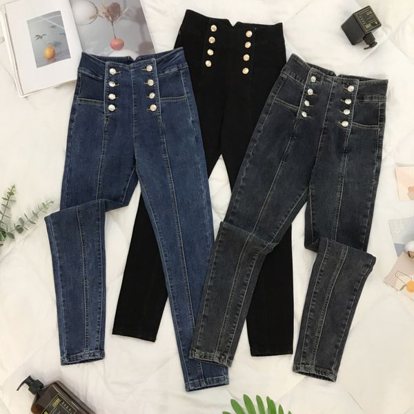 

double breasted stretch tight-fit high-waist jeans women's spring slim cropped pencil pants ladies all-match jeans pant femme, Blue