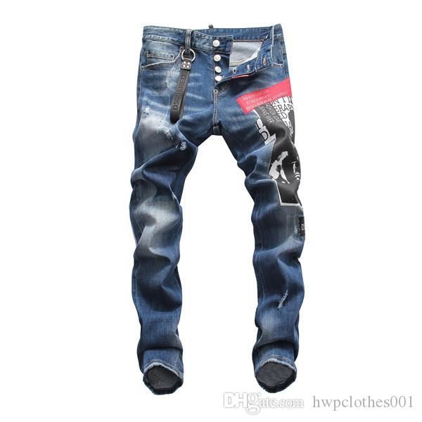 

нового прибытие высочайшего качества brand дизайнер мужчина рваных бегуны denim тонких джинсы вышивка брюки мода отверстие брюки сша размер, Blue