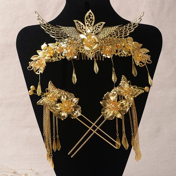 

alloy hair stick bride headdress costume suit chinese hair ornaments dragon and phoenix coronet wedding hair jewelry, Golden;white