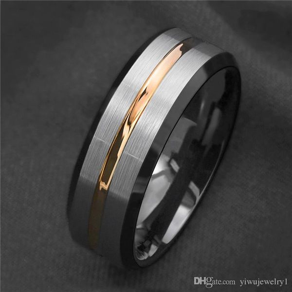 

8mm silver brushed black edge tungsten ring stainless steel gold stripe men's wedding ring size 6 - 13